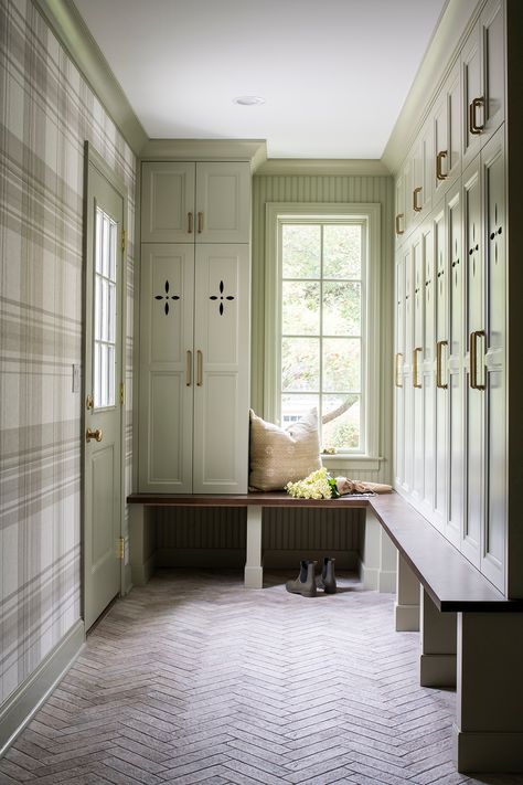 Traditional mudroom with green cabinetry, plaid wallpaper and brick herringbone floor @studiomkitchenandbath Mud Room Ideas Brick Floor, Herringbone Brick Mudroom, Brick Herringbone Wallpaper, Plaid Wallpaper Mudroom, Light Green Mudroom, Mudroom With Wallpaper, Mudroom Library, Mudroom Flooring Ideas, Traditional Mudroom