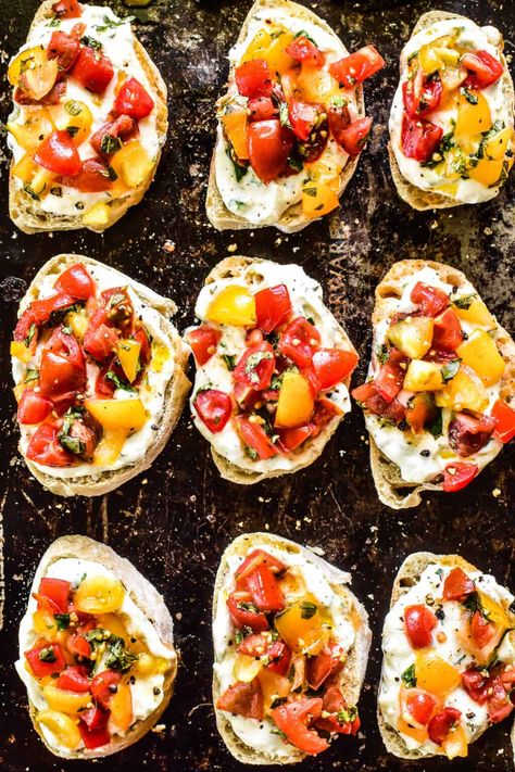 Bruschetta Recipe Whipped Ricotta, Brushetta Recipe Ricotta, Spanish Bruschetta, Lemon Bruschetta, Brushetta Appetizers, Charcuterie Bar, Bruchetta Appetizers, Ricotta Bruschetta, Easy Bruschetta Recipe