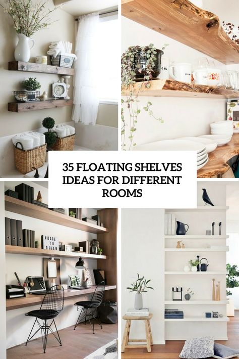 floating shelves ideas for different rooms cover Light Wood Floating Shelves, Floating Shelves Ideas, Shelves Around Tv, Floating Shelves Entertainment Center, Grey Floating Shelves, Ikea Floating Shelves, Industrial Floating Shelves, Gallery House, Long Floating Shelves