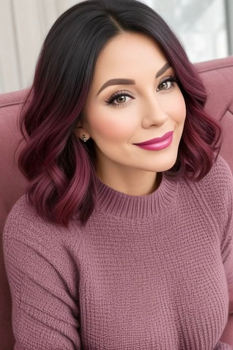 Dark Brown Mermaid Hair, Dark Copper Balayage Brunette Bob, Colors To Add To Brown Hair, Cute Hair Colors For Blue Eyes, Copper Purple Balayage, Chocolate Purple Hair Color, Burgundy Hair Color Short, Burgundy Balayage Brunettes, Burgundy Copper Hair