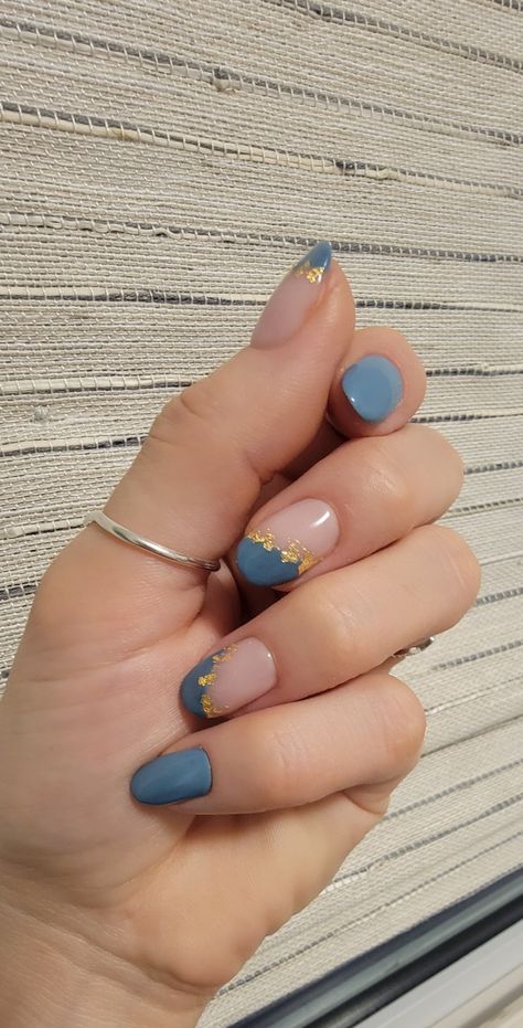 Simple Foil Nail Art, Blue And Gold Leaf Nails, Bridal Nails Wedding Blue, Pale Blue And Gold Nails, Nail Ideas With Foil, Dusty Blue And Gold Nails, Blue Nails Wedding Guest, Blue And Gold Flake Nails, Steel Blue Nails Design