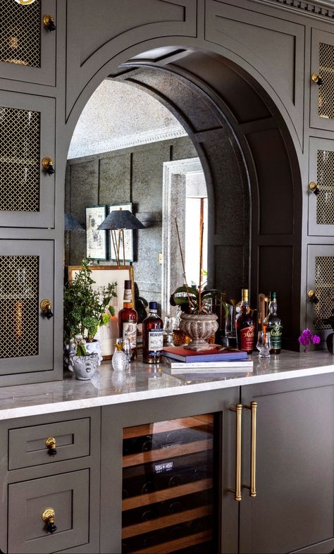 Bar With Wine Fridge, Moody Bar, 2024 Kitchen Trends, Arched Bar, Bar Lounge Room, Bar Nook, Stainless Steel Kitchen Cabinets, Steel Kitchen Cabinets, Home Wet Bar