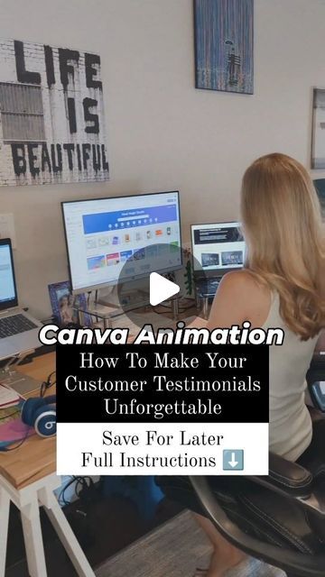 Jen Michele on Instagram: "Step by step instructions ⬇️

❤️❤️But first comment CANVA30 and I'll send you a FREE 30 day trial of Canva Pro so you can try this out.

The photo background remover & multiple elements I used in this video are for Canva Pro users.

How to create an animation in Canva for your customer testimonials (screenshot this for later)
✨Open a video canvas & design your background
✨Add a photo of your customer, go to Edit Photo, Remove Background, size & position photo
✨Repeat step for 2nd customer, but make them smaller and position in the top corner
✨Add text box, paste testimonial, & position next to photo
✨Duplicate text box, make smaller, paste 2nd testimonial, position in top corner
✨Duplicate page
✨Duplicate photo in top corner, make it larger to match middle photo Video Testimonial Design, Testimonial Design, Magic Tools, Canva Tutorials, Video Testimonials, Canva Tutorial, Customer Testimonials, Background Remover, Canva Pro