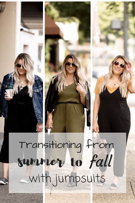 Transitioning from summer to fall with jumpsuits How To Style A Romper In The Winter, Styling Jumpsuits For Fall, Fall Jumpsuits For Women, How To Wear A Jumpsuit In The Fall, How To Style A Romper Jumpsuits, Women’s Jumpsuit Outfits, Wide Leg Jumpsuits For Fall, Fall Romper Outfit Jumpsuits, Sweater Over Jumpsuit Outfit