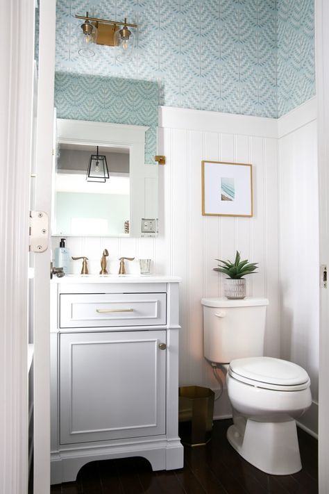 Beautiful Half Bath / Powder Room Decorating Ideas | Abby Lawson Beautiful Powder Rooms, Half Bath Remodel, Beadboard Bathroom, Powder Room Remodel, Powder Room Makeover, Powder Room Decor, Powder Bath, Half Bath, Bathroom Wallpaper