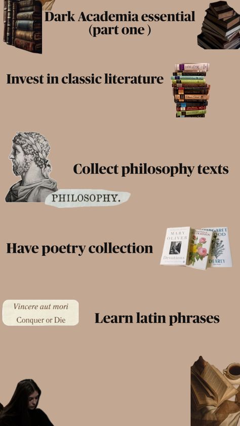 #Dark academia essentials #darkacademiaisbeautiful#lovedarkacademia Academia Hobbies, Dark Academia Hobbies, Academia Essentials, Dark Academia Essentials, Dark Academia Bedroom, Academia Books, Academia Bedroom, Dark Academia Books, Latin Phrases