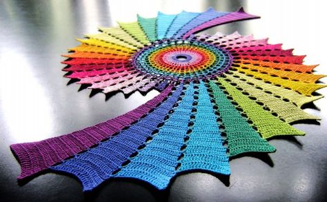 fractals + rainbow = crochet brilliance Rainbow Crochet, Crochet Table Runner, Crochet Design, Crochet Rug, Crochet Art, Crochet Home, Crochet Doilies, Fractal Art, Crocheted Item