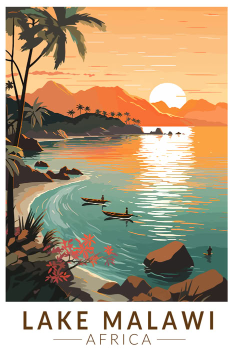 Retro-style poster of Lake Malawi, Africa, showcasing its peaceful waters and picturesque landscapes in a vintage design. Ideal for those who love unique travel art. Africa Poster, Africa Sunset, Adventure Places, Malawi Africa, Cards Poster, Lake Malawi, Awesome Drawings, Hippie Posters, Journal 2024