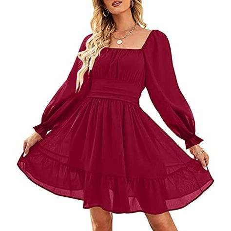 ZAFUL Women's Square Neck Off Shoulder Tie Back Long Lantern Sleeve Ruffle Short Dress A-Line Mini Dress Wine Red Valentine’s Day Dresses For Teens, Christmad Dresses, Semi Formal Dresses With Sleeves, Valentines Dresses, Valentine Dance, Winter Dance Dresses, Ruffle Short Dress, Valentines Dance, Homecoming 2024