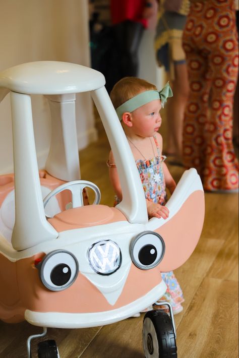 Volkswagen Cozy Coupe, Painted Cozy Coupe, Diy Cozy Coupe, Cozy Coupe Makeover, Diy Kids Playground, Preschool Play, Groovy Birthday, Birthday Painting, Little Tikes