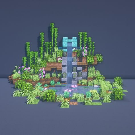 Frog Aquarium Minecraft, Minecraft Fairy Waterfall, Minecraft Water Feature Ideas, Frog Exhibit Minecraft, Minecraft Pond Fountain, Waterfall Pond Minecraft, Koi Fish Pond Minecraft, Cherry Blossom Fishing Dock Minecraft, Minecraft Cottagecore Pond