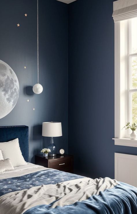 Create a dreamy blue ethereal aesthetic by incorporating a cloud-inspired wallpaper as a focal point. Complete the look with a moon phase wall art, a plush velvet accent chair, and a string of twinkling star lights for a serene atmosphere. Blue Ethereal Aesthetic, Ethereal Bedroom, Celestial Aesthetic, Star Lights, Ethereal Aesthetic, Velvet Accent Chair, Twinkle Star, Accent Chair, Focal Point