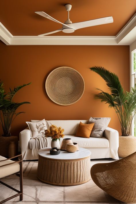 Burnt Orange Feature Wall Living Rooms, Pastel Orange Living Room, Terra Cotta Accent Wall Living Room, Adobe Living Room, Burnt Orange Accent Wall Living Room, Orange Wall Living Room, Practical Home Decor, Sofa Area Externa, Living Room Ideas On A Budget