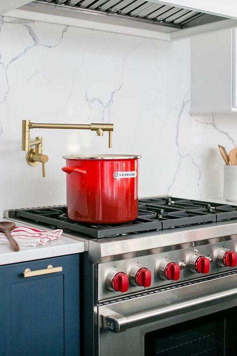 Inspired by the rich tones of hand-picked cherries, Cerise is as essential as a red lipstick and luscious as a ripe tomato. 🍅 Which other hues would you pair with this classic color? 📸 by Stephanie Gamble Interiors and Mary Neumann Photography Hint Water, Summer Recipe Ideas, Range Wall, White Marble Kitchen, Enamel Dutch Oven, Soup Pasta, Pasta Pot, Newport Brass, Recipe Ideas Easy