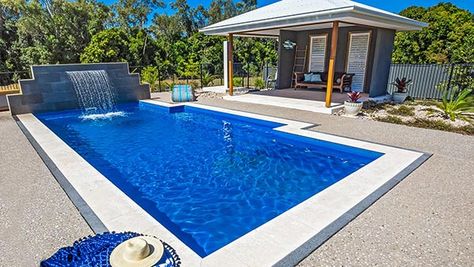 LeisurePoolsAU_Elegance_SapphireBlue_Yeppoon_2019_Large Dark Blue Pool, Light Blue Pool, Pool Colours, Hamptons Garden, Fibreglass Pool, Contemporary Pool, Pool Shade, Dream Backyard Pool, Outdoor Pool Area