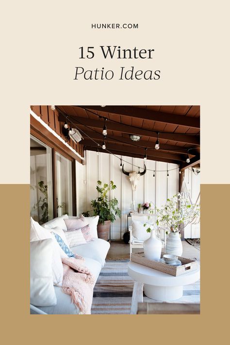 From the perfect space heaters to warm things up to the best decor to create that cozy vibe, here are 15 winter patio ideas that will make your outdoor area a delightful place that you actually want to spend time in, even when it's cold outside. #hunkerhome #winterpatioideas #patioideas #patio #patiodecorideas Winter Backyard Ideas Cold Weather, Winter Patio Decor, Winter Patio Ideas Cold Weather, Winter Patio Ideas, Winter Patio, Winter Entertaining, Cozy Patio, Space Heaters, Cozy Outdoor