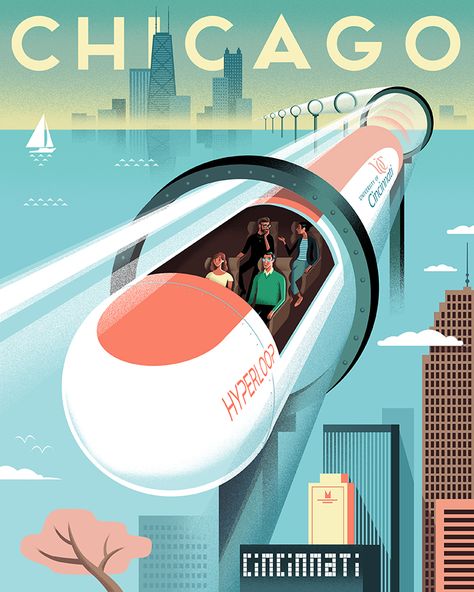 February 2017 | Hyperloop UC is Designing the Train of the Future | Illustration by Ben Kirchner Train Illustration, Future Poster, The Jetsons, Futuristic City, Future City, Retro Futuristic, Retro Futurism, Flat Illustration, Illustrations And Posters