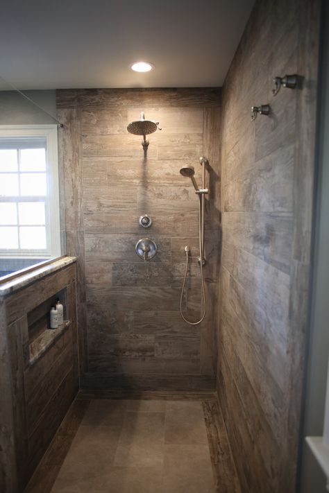 Master Bathrooms With Walk In Showers Stone, Black And Brown Tile Bathroom, Walk In Shower With Half Wall Stone, Narrow Walk In Shower Ideas, 48 X 60 Shower Ideas, Walkin Shower Ideas No Door Half Walls, Step Down Shower Ideas, 4x6 Walk In Shower Ideas, Rustic Spa Bathroom Ideas