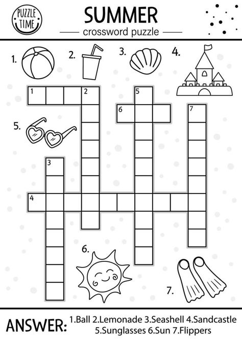 Vector black and white summer crossword puzzle for kids. Simple line quiz with beach objects for children. Educational outline sea vacation activity with cute funny characters Summer Crossword, Beach Objects, Summer Quiz, Crossword Puzzles For Kids, Fill In Puzzles, Summer Crossword Puzzle, Sea Vacation, Funny Characters, Puzzle For Kids