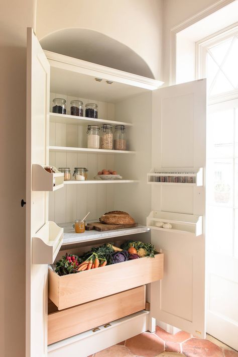 Fruit Storage Ideas, Plain English Kitchen, Kitchen Larder, Larder Cupboard, English Kitchens, Deep Shelves, Fruit Storage, Big Kitchen, Understairs Storage