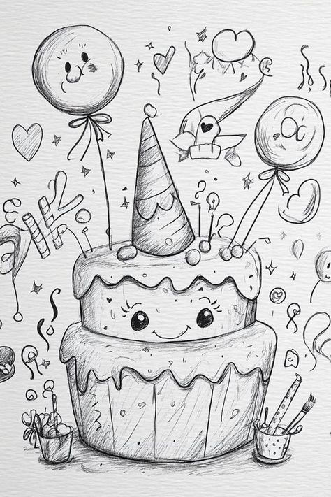 Cute Doodles For Birthday, Doodle Art For Birthday, Fun Sketches Ideas Creative, Birthday Cakes Drawing, Happy Birthday To Me Drawing, Doodles For Birthday, Birthday Sketch Art Drawings, Sketches For Birthday, Cake Doodle Drawing