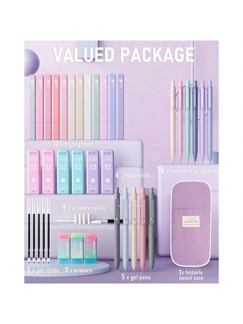 [All-in-One Bulk Pack]This pack includes 12 pastel colored highlighters, 6 adorable mechanical pencils, 5 black ink gel pens, 5 gel pen refills, a charming green pencil pouch, 3 jelly erasers, 9 cap erasers, and 6 tubes of lead refills. It's the ultimate collection of multifunctional stationery essentials for office and school supplies. [Large Pencil Pouch with Supplies]This expandable pencil pouch boasts a big storage capacity with four compartments for orderly organization. Crafted from a soft Cute Mechanical Pencils For School, Hilighter Pen, Stationary Essentials, Preppy Stuff For School, Organized Pencil Case, Study Items To Buy, Pastel Pens, Fun School Supplies, Cute Highlighters For School