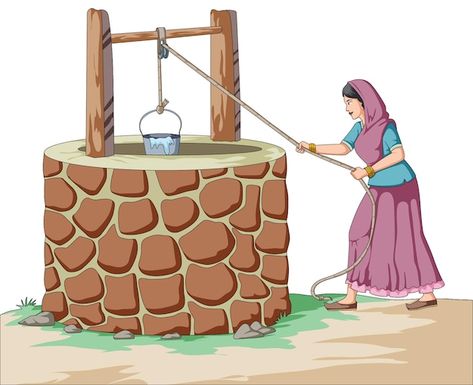 Village woman pulling out water in a buc... | Premium Vector #Freepik #vector #well #water-well #clip-art #cartoon-illustration Water Well Illustration, Water Well Drawing, Well Sketch, Village Images, Scenery Drawing For Kids, Tank Drawing, Village Drawing, Bath Pictures, Peacock Images