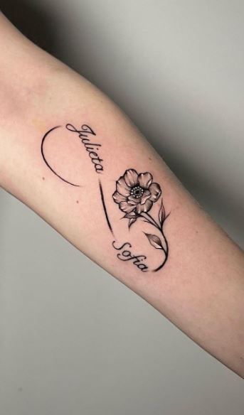 Sister Infinity Tattoo Ideas, Rip Infinity Tattoo In Memory Of, Infinity Tattoo With Sunflower, Infinity Names Tattoos, Infinity With Letters Tattoo, Infinity Tattoo With Lily, Infinity Rose Tattoo Design, Infinity Sign Tattoo With Names, Flower With Infinity Tattoo