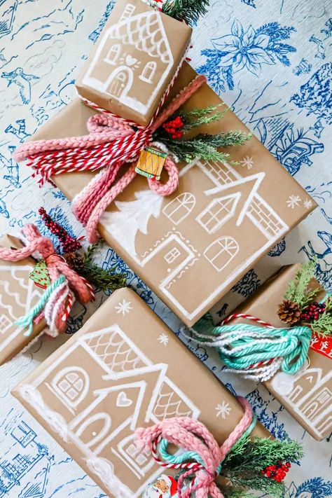 Gingerbread House Christmas Gift Wrap | Hometalk Brown Paper Wrapping, Gingerbread House Christmas, Gingerbread Gifts, Gingerbread Diy, Entry Ideas, Christmas Gift Wrap, Hallmark Christmas Movies, Creative Gift Wrapping, Fiddle Leaf