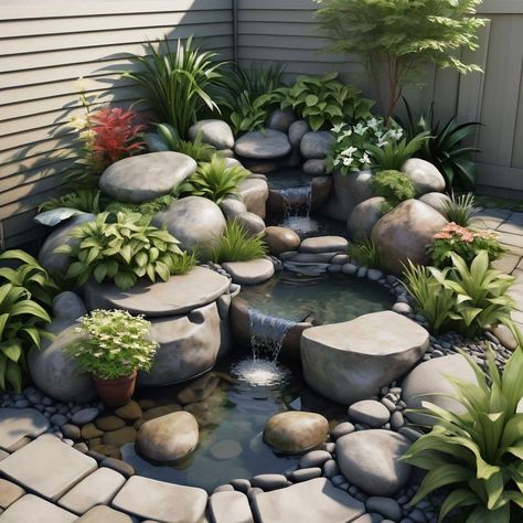 Small Koi Pond With Waterfall, Small Front Yard Pond Water Garden, Small Outdoor Pond With Waterfall, Tropical Koi Pond Design, Small Lotus Pond In Garden, Japanese Garden Backyard, Fish Ponds Backyard, Water Fountain Design, Rock Fountain