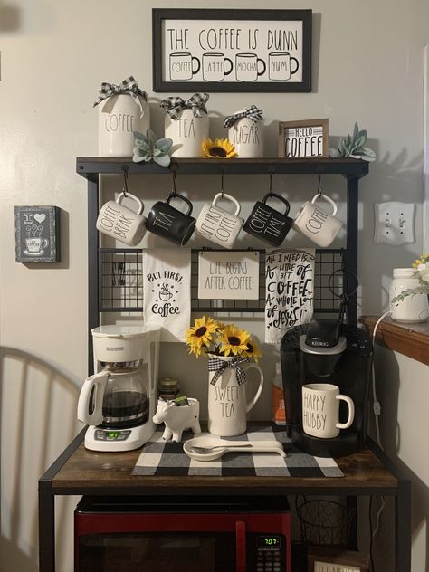 My coffee bar redo. Purchased the Bakers Rack from Amazon Baker's Rack Coffee Bar, Coffee Bar On Bakers Rack, Coffee Bar Bakers Rack, Bakers Rack Coffee Bar Ideas Farmhouse, Baker Rack Coffee Station, Coffee Bar Bakers Rack Ideas, Baker Rack Ideas Kitchen, Farmhouse Bakers Rack Decor, Bakers Rack Ideas Kitchen