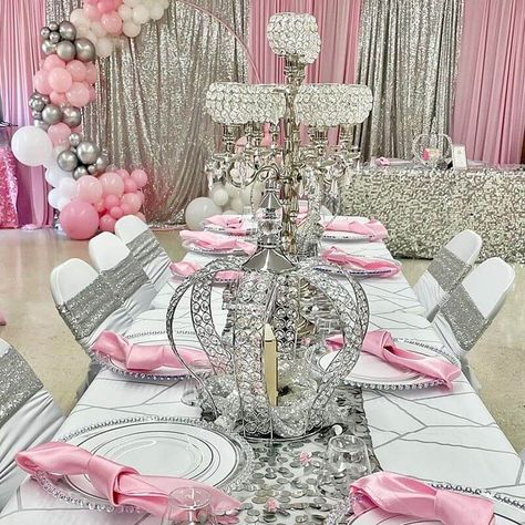 Pink Gold And Silver Birthday Party, Pink And Silver Table Decorations, Pink White Silver Table Decor, Pink White And Silver Party Decorations, Pink And Silver Decorations, Pink And Silver Quinceanera Decorations, Pink White And Silver Sweet 16 Decorations, Sweet 16 Party Ideas Pink And Silver, Pink And Silver Wedding Theme