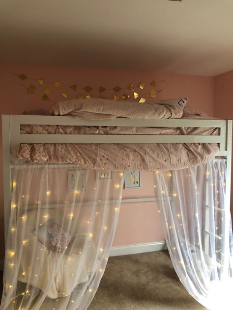 Loft Bed Big Room, Curtain For Loft Bed, Loft Bed Ideas With Curtains, Loft Bed Decorating Ideas Daughters, Loft Bed Curtain Ideas, Under Loft Bed Decorating Ideas, Curtains For Loft Bed, Full Size Loft Beds For Girls Room, Loft Bunk Bed Ideas For Small Rooms