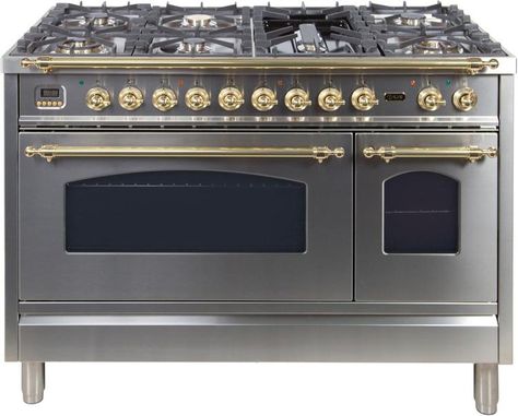 (1) Nostalgie Series 48" Dual Fuel Natural Gas Range (Brass/Stainless Stee– America Best Appliances, LLC Propane Range, Freestanding Double Oven, Ilve Range, Dual Oven, Dish Warmer, Steam Oven, Dual Fuel Ranges, Brass Trim, Gas Cooktop