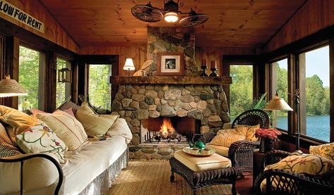 Rustic Sunroom Ideas, Rustic Sunroom, Custom Stone Fireplace, Minnesota Cabin, Rustic Chalet, Cozy Sunroom, Cabin Porch, Loft Furniture, Sun Rooms