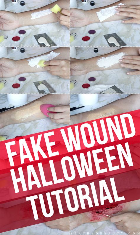 Learn how to create a DIY fake wound for Halloween. This will help enhance any DIY halloween costume! | Fake Wound Tutorial | Halloween Makeup Tutorial | Halloween SFX Makeup Tutorial | Easy SFX Halloween Makeup | Slashed Beauty  #diyhalloween #halloweenmakeup #halloweensfxmakeup #sfxmakeup Diy Halloween Wound Makeup, Diy Fake Scar Makeup, How To Do Fake Wounds, Makeup Wounds Tutorials, Diy Wound Makeup, Fake Wound Makeup, Stab Wound Makeup, Diy Sfx Makeup, Sfx Wound Makeup Tutorial