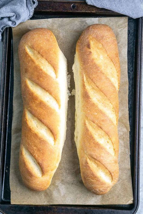 Easy French Bread Recipe (Only 4 Ingredients!) – The Kitchen Girl Hoagie Roll Recipe, Easy French Bread Recipe, Homemade French Bread, Baguette Recipe, Loaves Of Bread, Pain Sans Gluten, Mixer Recipes, French Bread Recipe, 4 Ingredient Recipes