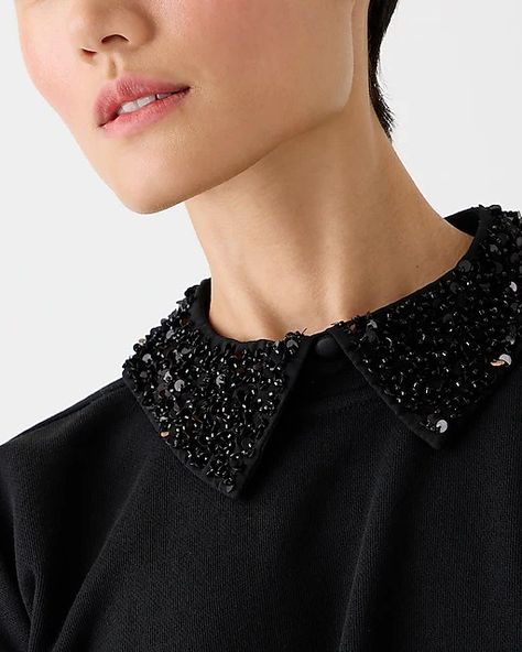 J.Crew: Crewneck Sweatshirt With Crystal-embellished Collar For Women Sequin Collar, Collar For Women, Raglan Sleeve Sweatshirt, Embellished Collar, Cropped Crewneck, Eve Outfit, New Years Eve Outfits, Black Sweatshirt, Striped Hoodie