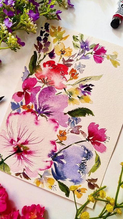 Florals Watercolour, Bright Watercolor Flowers, Water Colour Floral Design, Pink Flowers Watercolor Painting, Loose Watercolour Florals, Fuchsia Flowers Watercolour Painting, Botanical Sketchbook, Acrylic Art Projects, Watercolor Art Journal