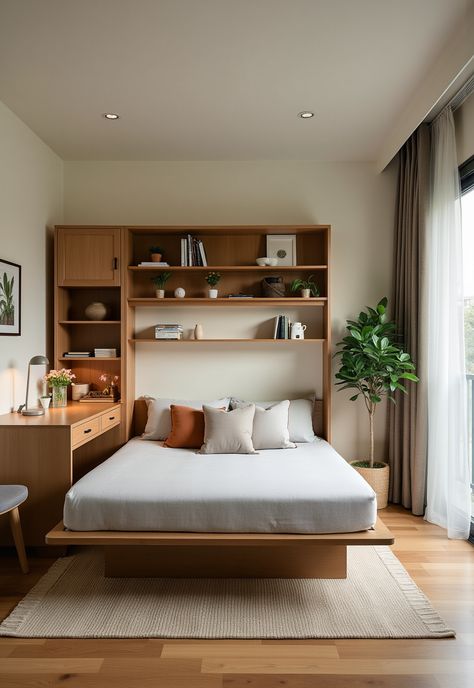 Studio Apartment Decor Ideas Small Space Furniture Arrangement, Studio Flat Storage Ideas, Studio Apartment Bed Ideas, Foldable Bed Space Saving, Small Room Divider Ideas, Studio Type Condo Ideas Small Spaces, Mini Apartment Design, Studio Type Condo, Studio Apartment Bed