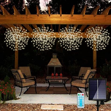 4 Pack Hanging Solar Firework Lights 800 LED Starburst Lights Copper Wire Outdoor Waterproof Lights 8 Modes Remote Control Fairy Decorative Lights for Patio Umbrella, Eave, Garden Tree (White) - - Amazon.com Starburst Lights, Firework Lights, Sphere Light, Hanging Solar Lights, Starburst Light, Copper Wire Lights, Hari Valentine, Outdoor Lighting Landscape, Light Copper