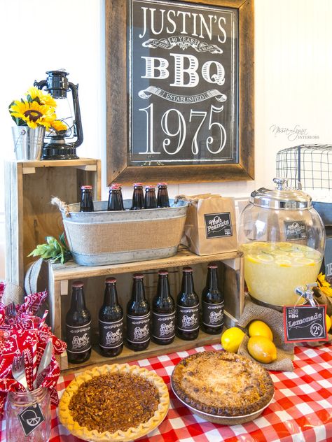 Rustic, Country, BBQ 40th Birthday Party by Nissa-Lynn Interiors #BBQ #Birthday #mansbirthday #summertime #country #famhouse #lemonade #grilling #birthdayparty 40th Birthday Bbq, 40th Birthday Celebration Ideas, Rustic Birthday Parties, Bbq Birthday Party, Bbq Birthday, Backyard Bbq Party, Rustic Birthday, Birthday Bbq, Rustic Party