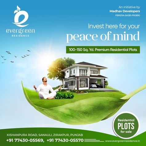 Invest here for your peace of mind! Premium residential plots for sale! Evergreen Residence ☘ Premium residential plots near Chandigarh. ☘ Premium residential plots with lush green surroundings. ☘ Plot sizes 100-150 Sq.Yd. . . For more information please call us on:- +91 77430-05569, +91 77430-05569 or visit us at: https://evergreenresidence.in/ . . . . #evergreenresidence #plotsforsale #ResidentialPlots #Plots #plot #home #zirakpur #realestate #investments #residential Residential Plots Creative Ads, Interior Brochures, Office Creative, Space Illustration, Plots For Sale, Creative Poster, Creative Poster Design, Creative Ads, Creative Posters