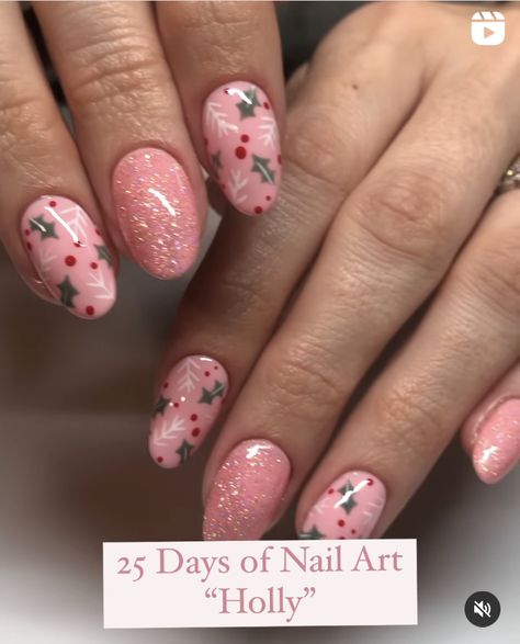 Holiday Accent Nail, Pink Xmas Nails Sparkle, Christmas Pink Nail Designs, Girlie Christmas Nails, Christmas Nails With Pink, Christmas Stamp Nails, Christmas Nail Art Pink, Pink December Nails, Red And Pink Christmas Nails