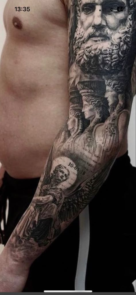 Jesus Tattoo Sleeve, Back Of Forearm Tattoo, Arm Tats, Statue Tattoo, Greek Mythology Tattoos, Movie Tattoos, Jesus Tattoo, Sweet Tattoos, Mythology Tattoos