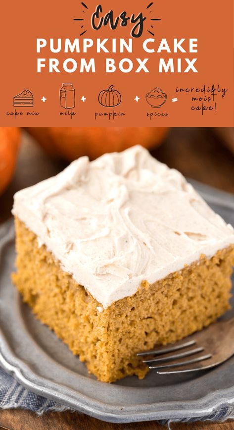 Take a spice cake mix and turn it into an easy pumpkin cake! This pumpkin spice cake is super moist because of the added milk, oil, and pumpkin puree. Pair pumpkin sheet cake with chocolate, cream cheese or spice frosting! Learn our cake mix hacks for how to make a box cake taste homemade. Easy Pumpkin Cake, Pumpkin Spice Cake Recipe, Pumpkin Cake Mix, Pumpkin Cake Recipe, Pumpkin Cake Easy, Fall Deserts, Pumpkin Sheet Cake, Simple Desserts, Future Chef