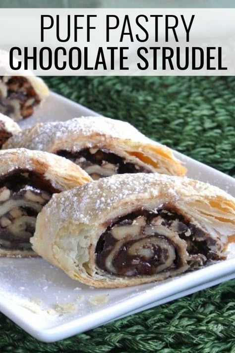 Chocolate Strudel, Puff Pastry Chocolate, Pastry Recipes Dessert, Decadent Dinner, Puff Pastry Recipes Dessert, Chocolate Puff, Breakfast Chocolate, Strudel Recipes, Pastries Recipes Dessert