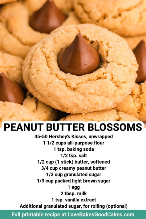 Love Bakes Good Cakes - RECIPE - https://buff.ly/3kZYfAe Peanut Butter Blossoms are timeless, classic cookies perfect for the holiday season. A peanut butter cookie topped with a chocolate kiss. | Facebook Peanut Butter Blossoms Recipe, Cookies Recipes Chocolate, Peanut Butter Blossom Cookies, Blossom Cookies, Peanut Butter Blossoms, Cookie Recipes Homemade, Best Peanut Butter, Peanut Butter Cookie, Peanut Butter Cookie Recipe