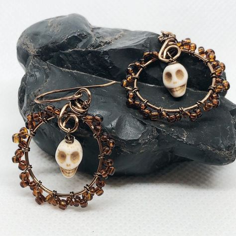 Bone Skull Hoops Antique Bronze Wire Wrapped Earrings | Etsy Wire Wrapped Pumpkin Earrings, Halloween Wire Wrapped Jewelry, Halloween Jewelry Diy, Crystal Wire Wrapped Ring, Androgynous Hair, Skull Crafts, Wire Tutorials, Boho Earring, Wire Wrapped Jewelry Diy