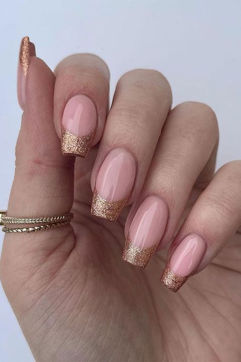 fall nails 2021, glitter french tip nails, rose gold french tip nails Gold Tip Nails, Glitter French Nails, Glitter Tip Nails, Bridesmaids Nails, Glitter French Tips, French Tip Nail Designs, French Nail Designs, Tip Nails, Neutral Nails